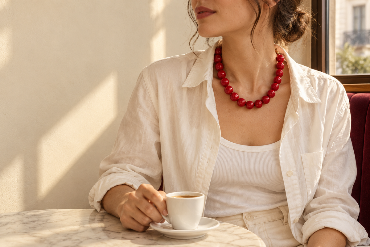 Ronde Rouge kolyenin beyaz gömlekle model üzerinde editöryal styling yorumu.