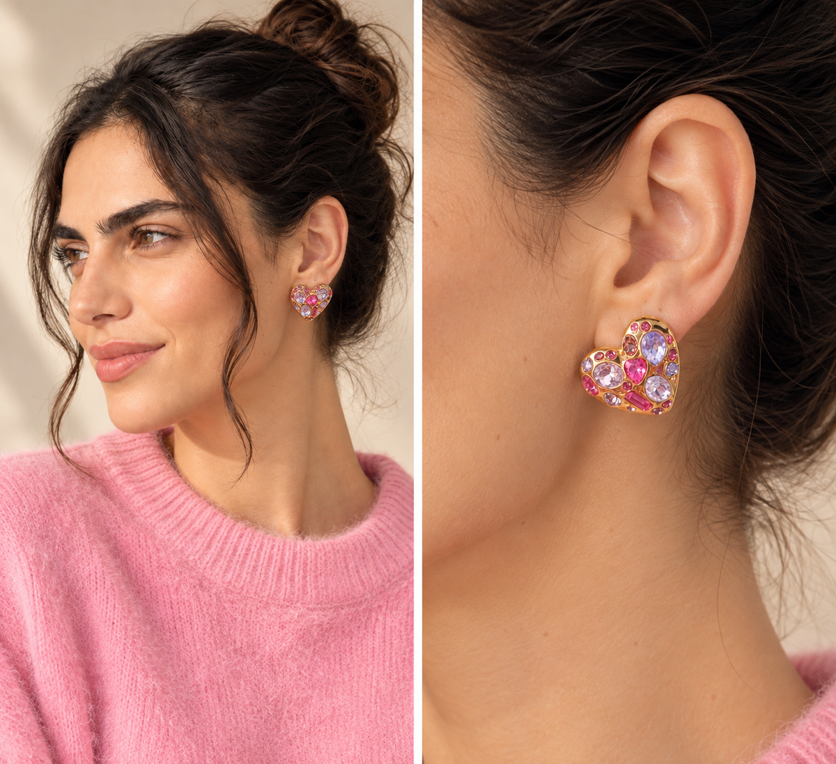 Amour Rose | Pembe Detaylı Kalp Küpe