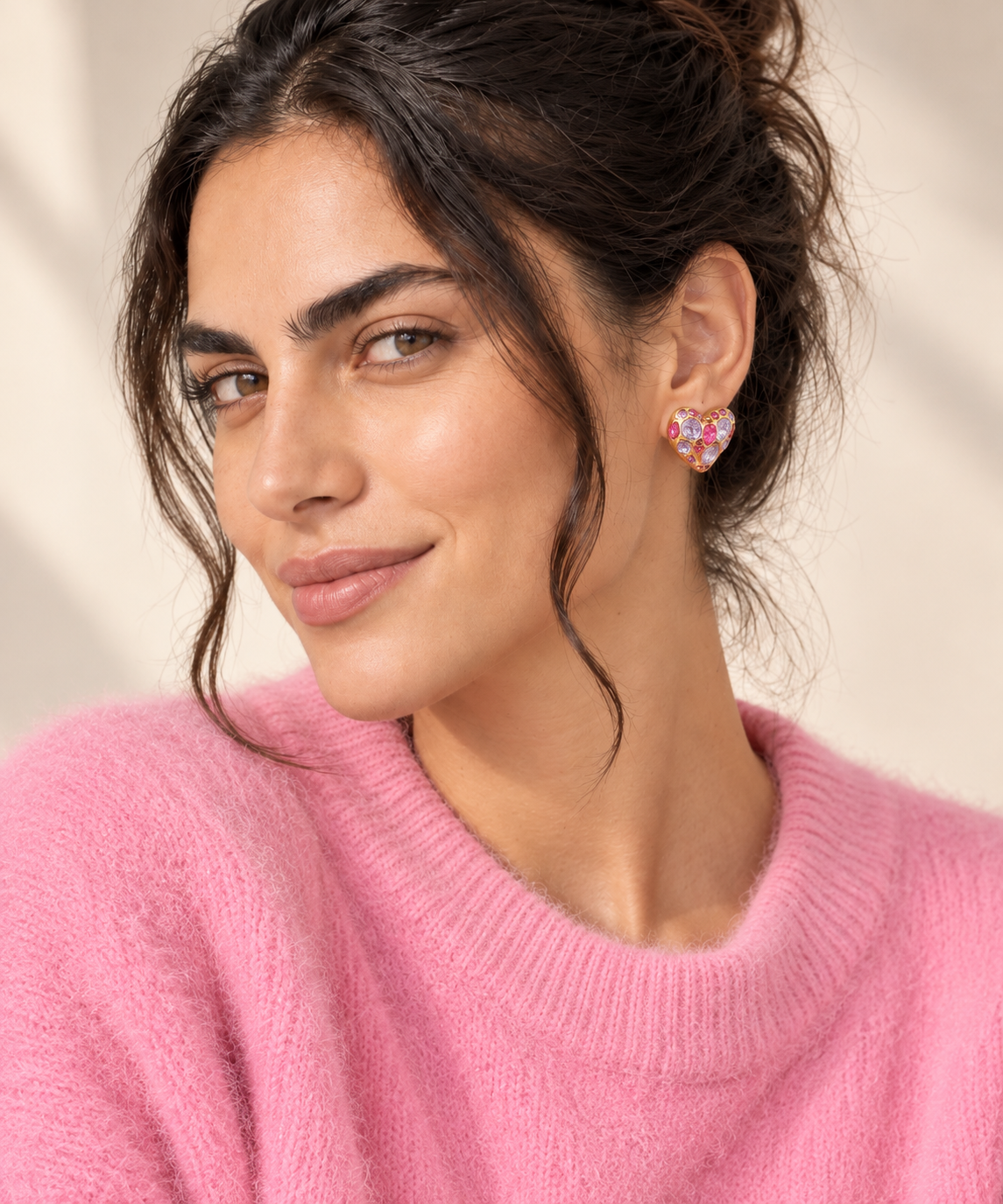 Amour Rose | Pembe Detaylı Kalp Küpe